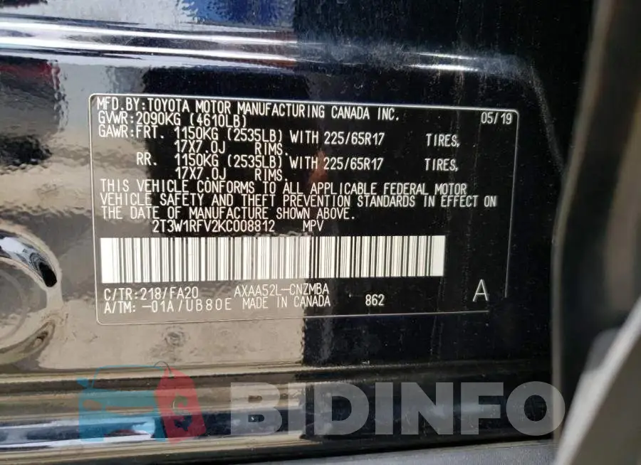 2T3W1RFV2KC008812 Photo# 12
