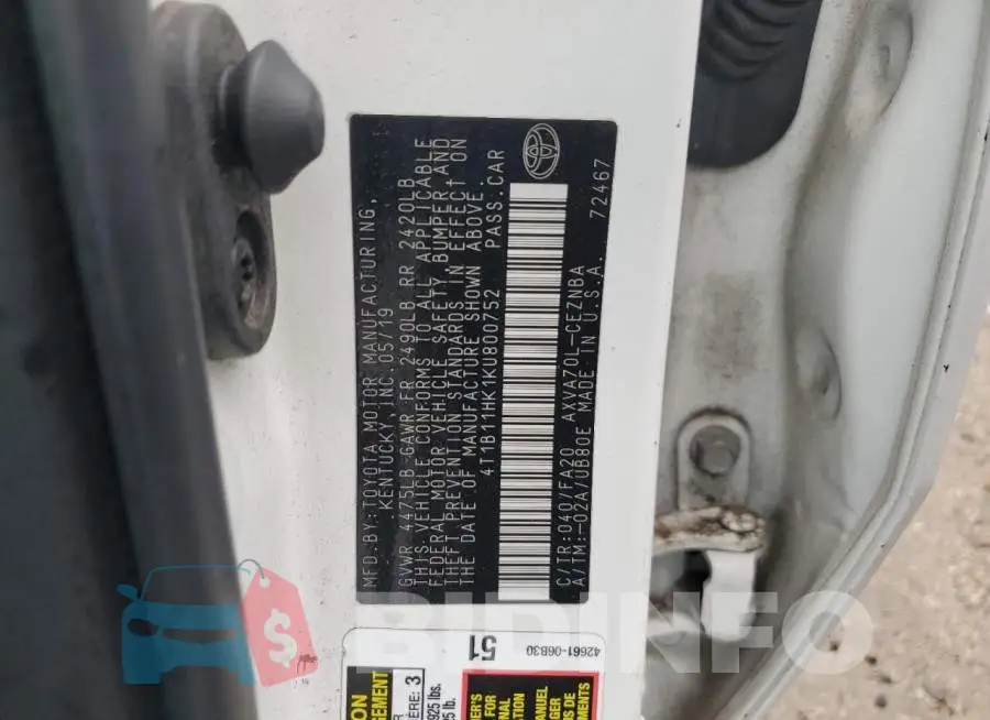 4T1B11HK1KU800752 Photo# 13