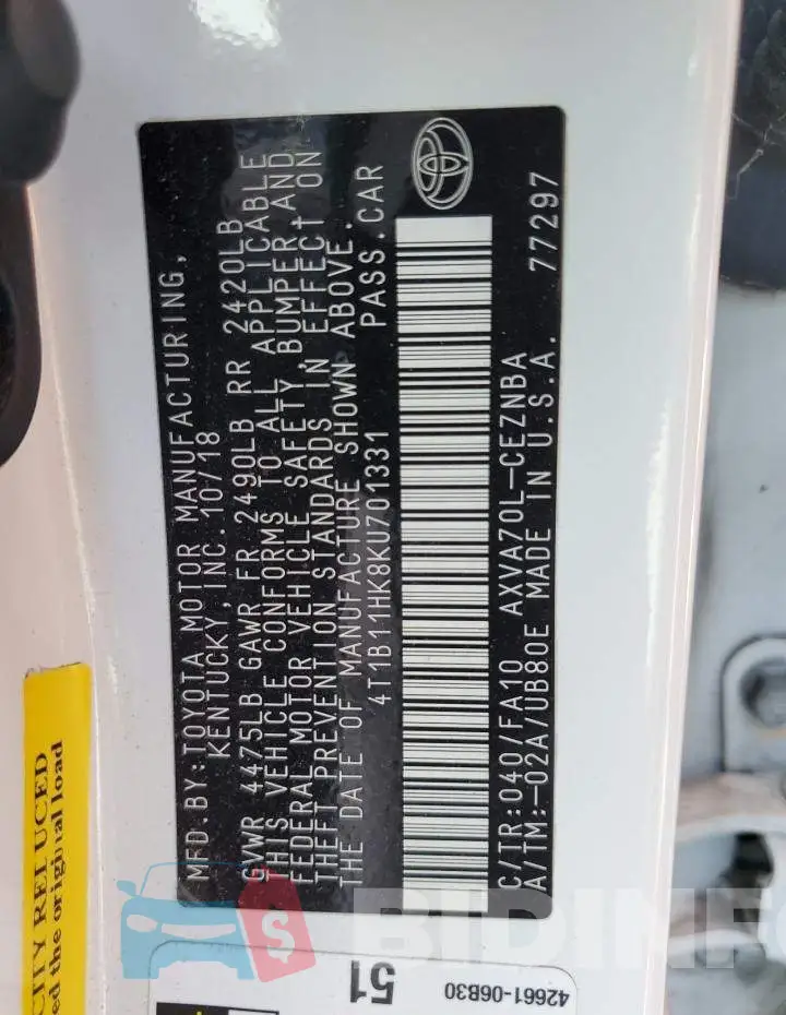 4T1B11HK8KU701331 Photo# 13