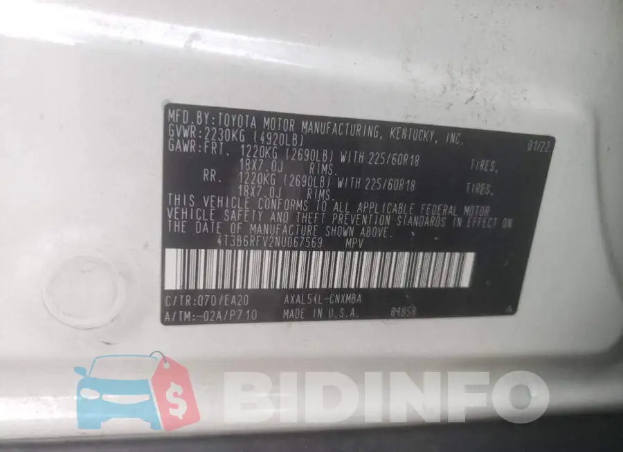 4T3B6RFV2NU067569 Photo# 12