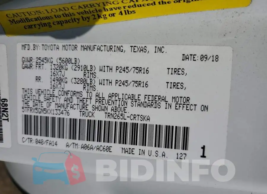 5TFRX5GN5KX133476 Photo# 12