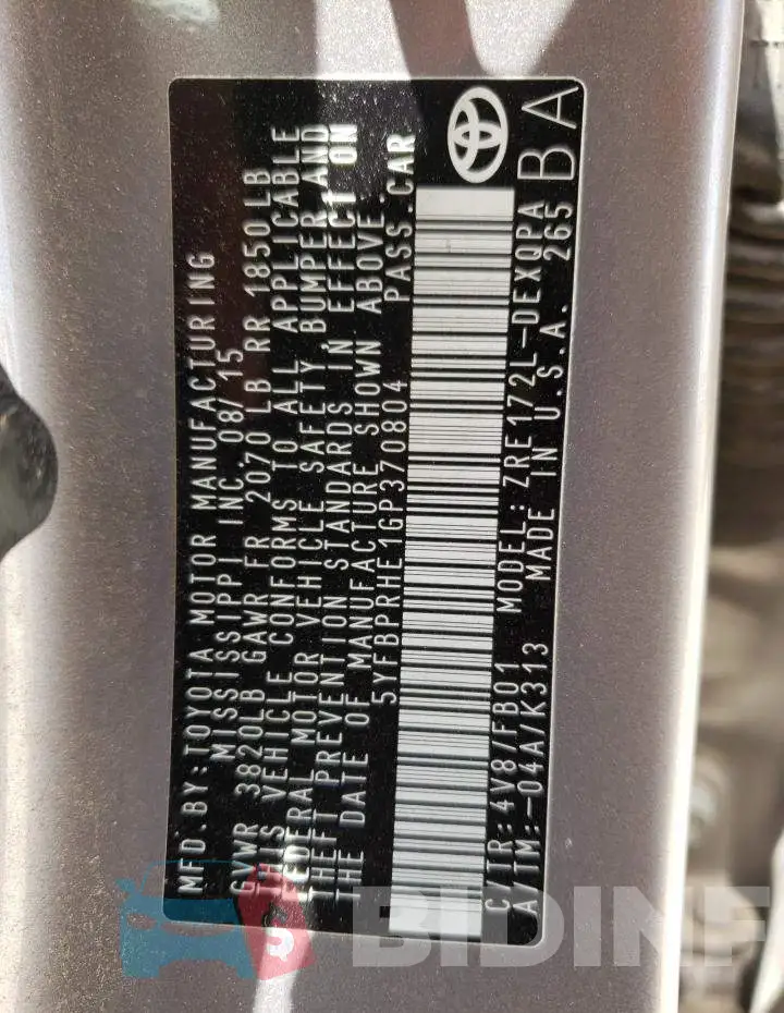 5YFBPRHE1GP370804 Photo# 13