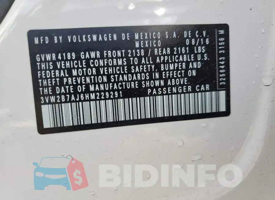 3VW2B7AJ6HM229291 Photo# 13