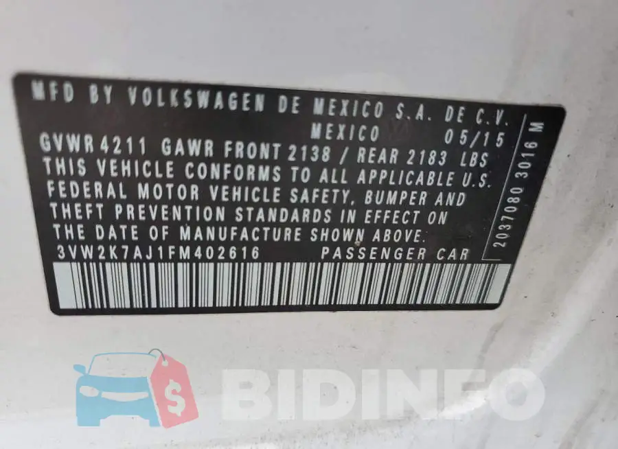3VW2K7AJ1FM402616 Photo# 12
