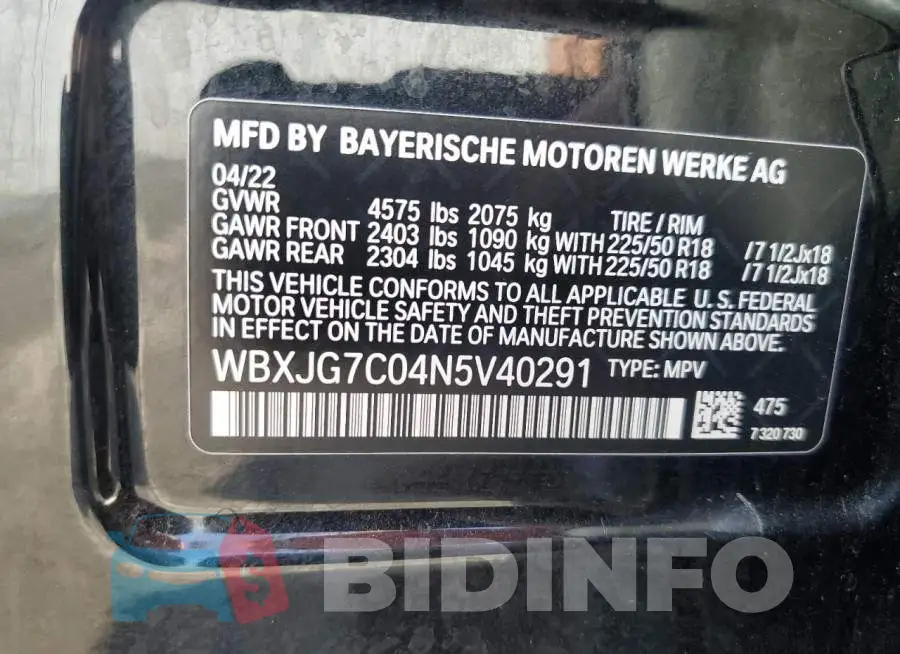 WBXJG7C04N5V40291 Photo# 13