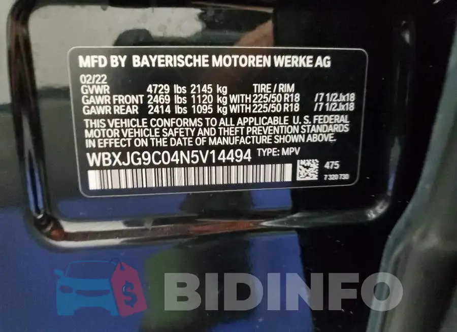 WBXJG9C04N5V14494 Photo# 13