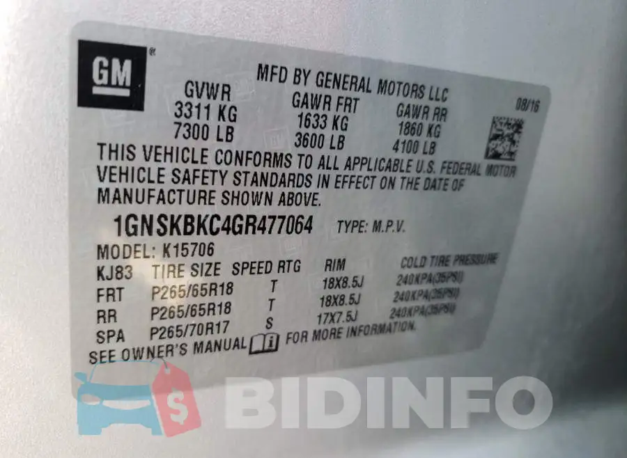 1GNSKBKC4GR477064 Photo# 10
