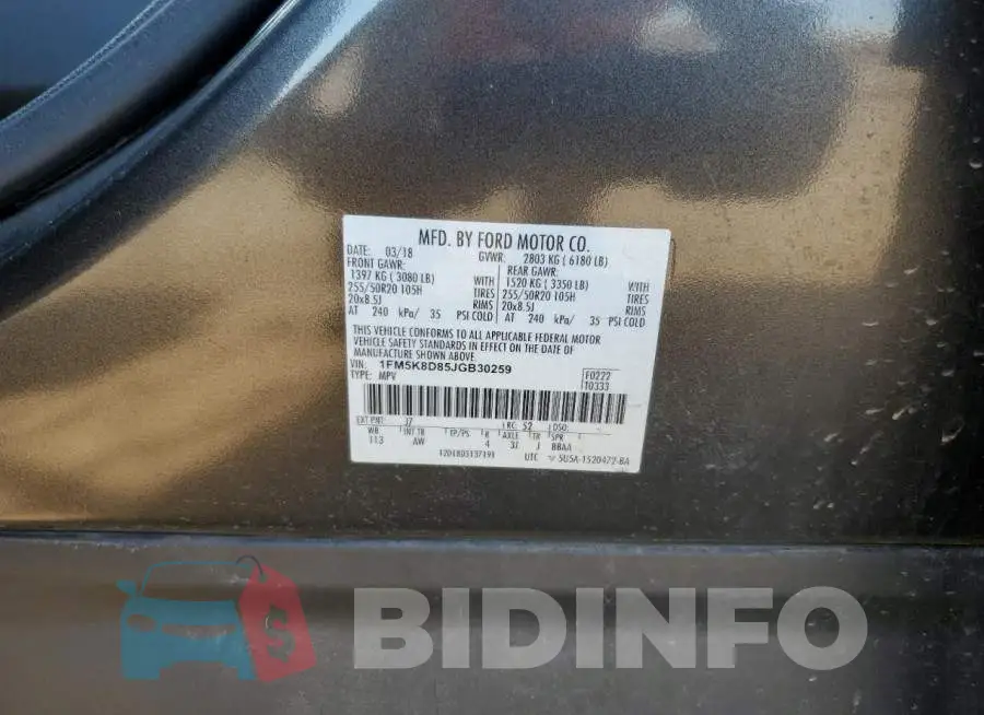 1FM5K8D85JGB30259 Photo# 13