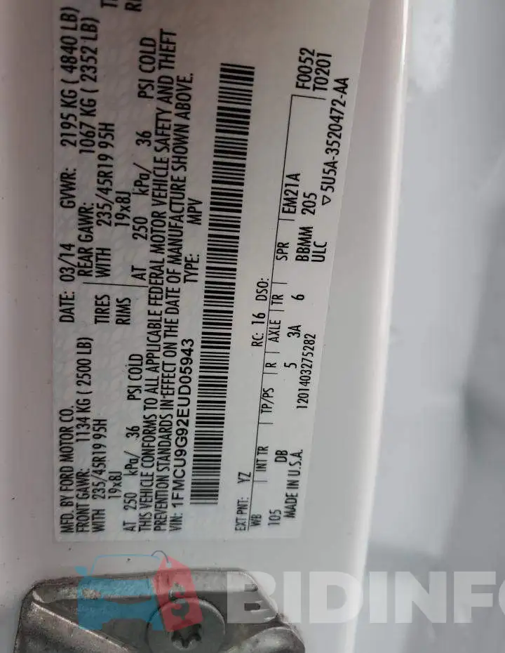 1FMCU9G92EUD05943 Photo# 13
