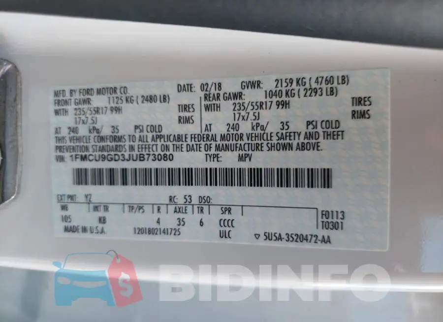 1FMCU9GD3JUB73080 Photo# 13