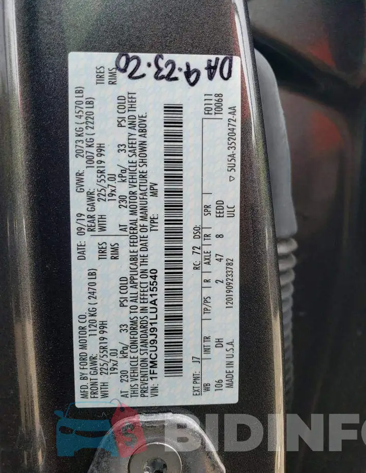 1FMCU9J91LUA15540 Photo# 13