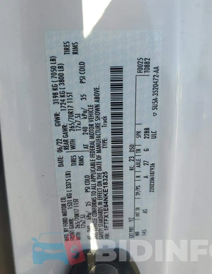 1FTFX1E84NKE18325 Photo# 12