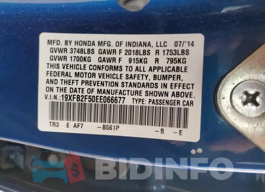 19XFB2F50EE066677 Photo# 13