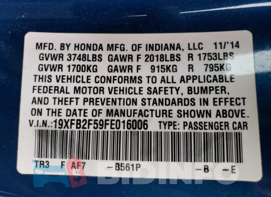 19XFB2F59FE016006 Photo# 12