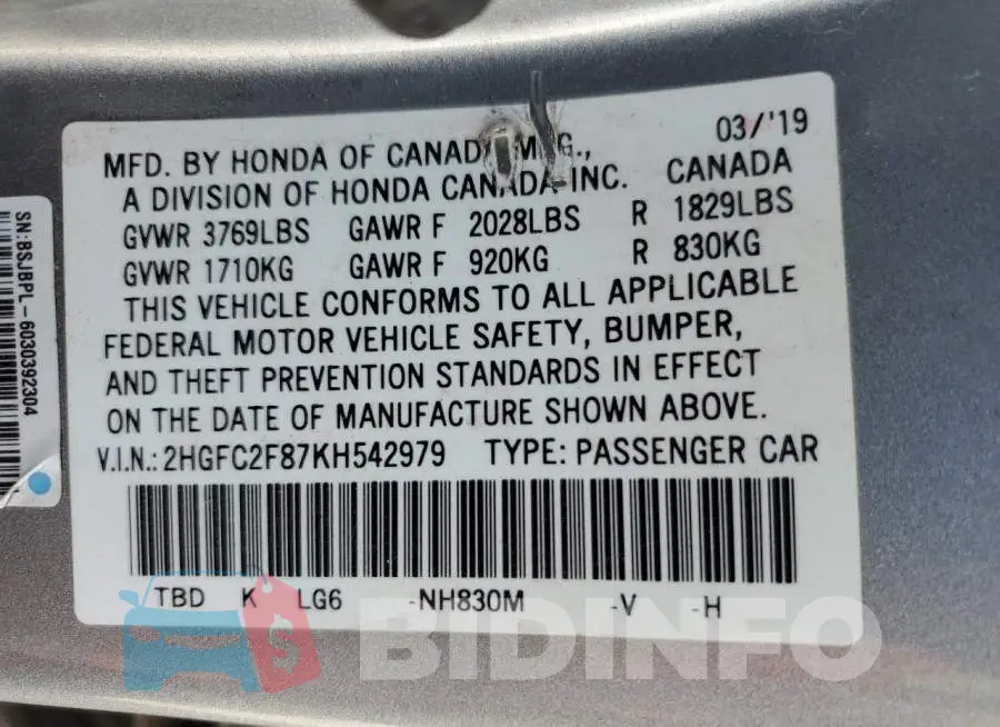 2HGFC2F87KH542979 Photo# 12