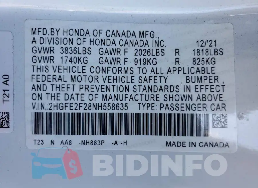 2HGFE2F28NH558635 Photo# 12