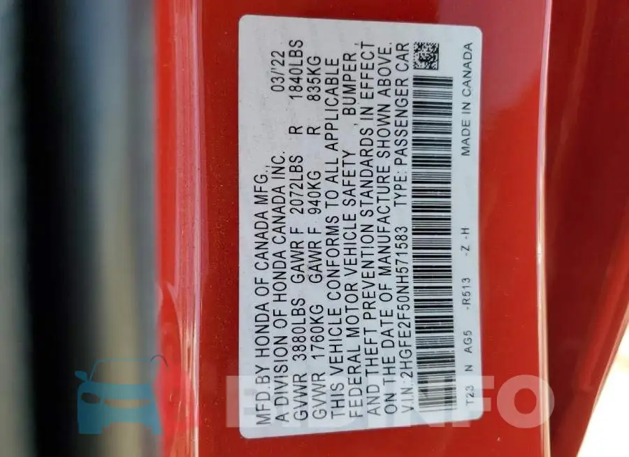 2HGFE2F50NH571583 Photo# 12