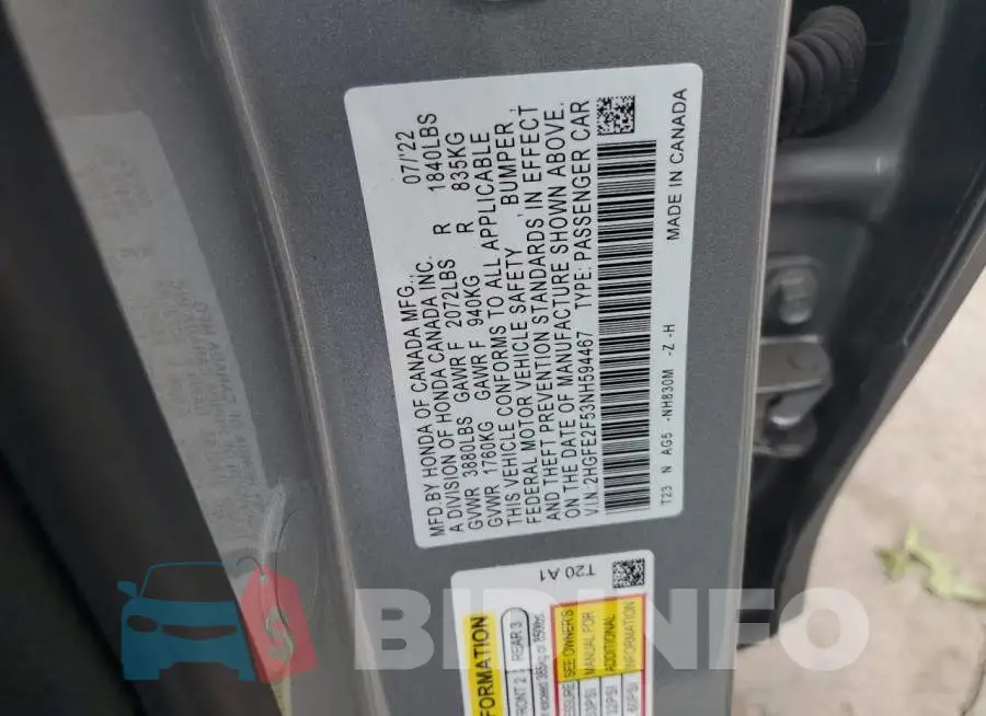 2HGFE2F53NH594467 Photo# 12