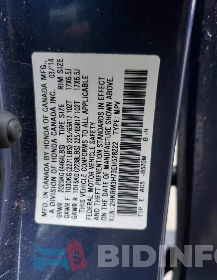 2HKRM3H73EH528222 Photo# 13
