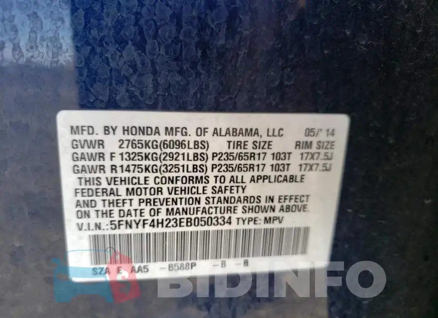 5FNYF4H23EB050334 Photo# 13