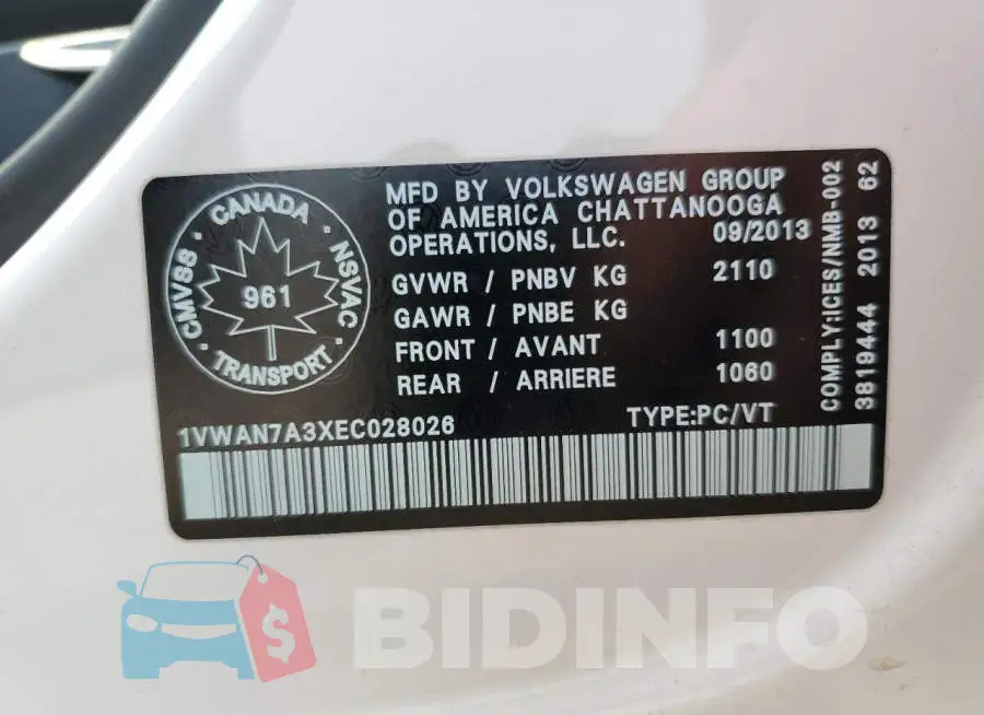 1VWAN7A3XEC028026 Photo# 13