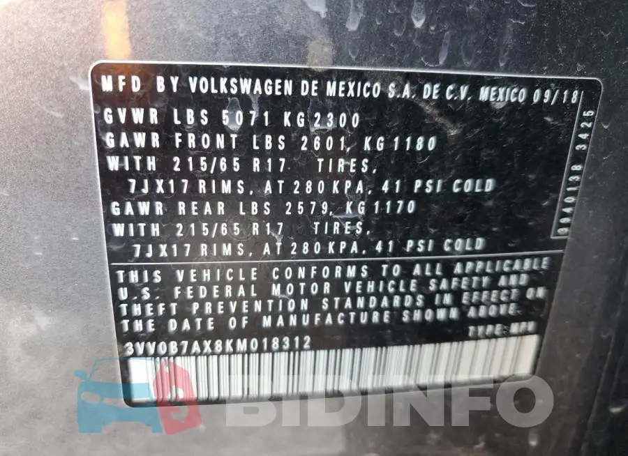 3VV0B7AX8KM018312 Photo# 14