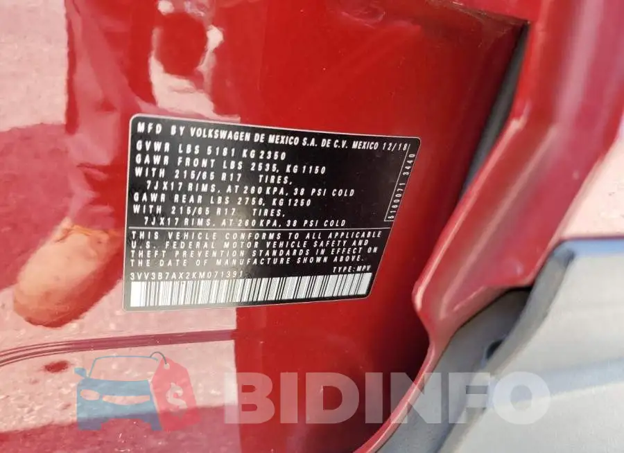 3VV3B7AX2KM071391 Photo# 12
