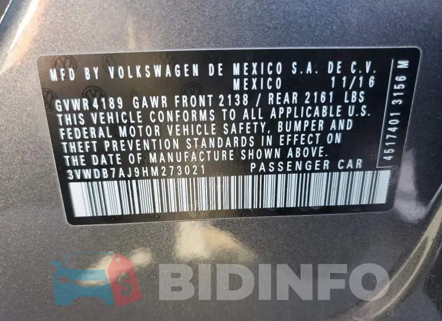 3VWDB7AJ9HM273021 Photo# 13