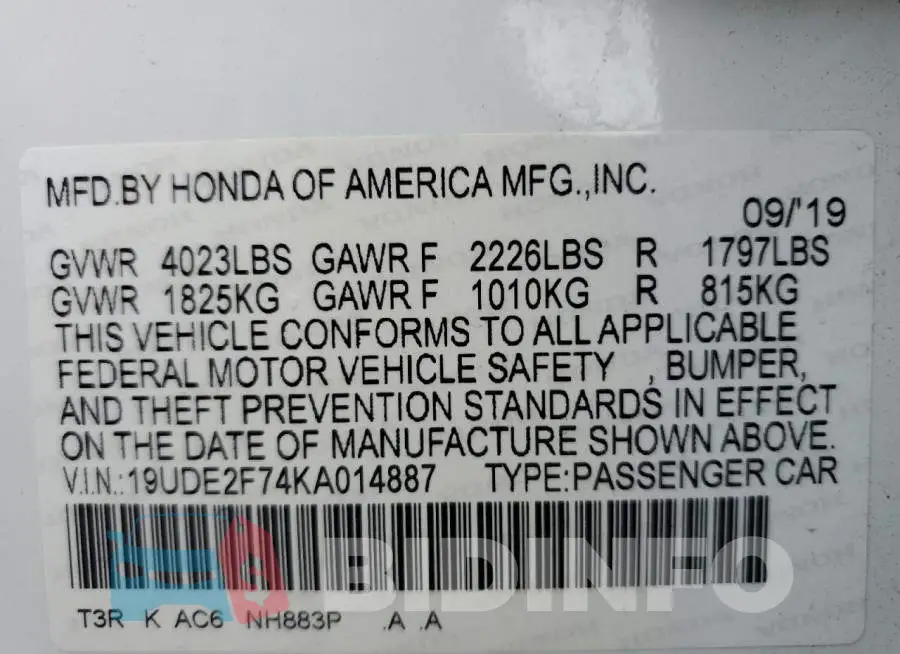19UDE2F74KA014887 Photo# 12