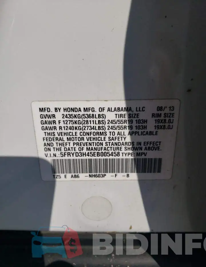 5FRYD3H45EB005458 Photo# 13