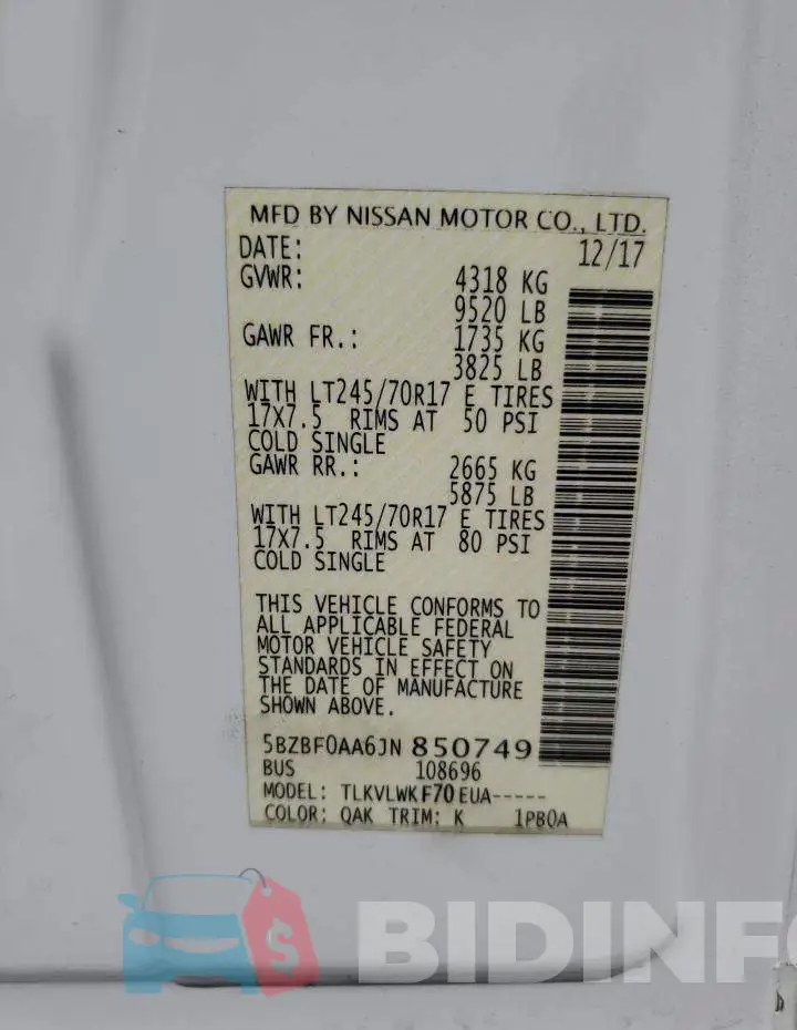 5BZBF0AA6JN850749 Photo# 13