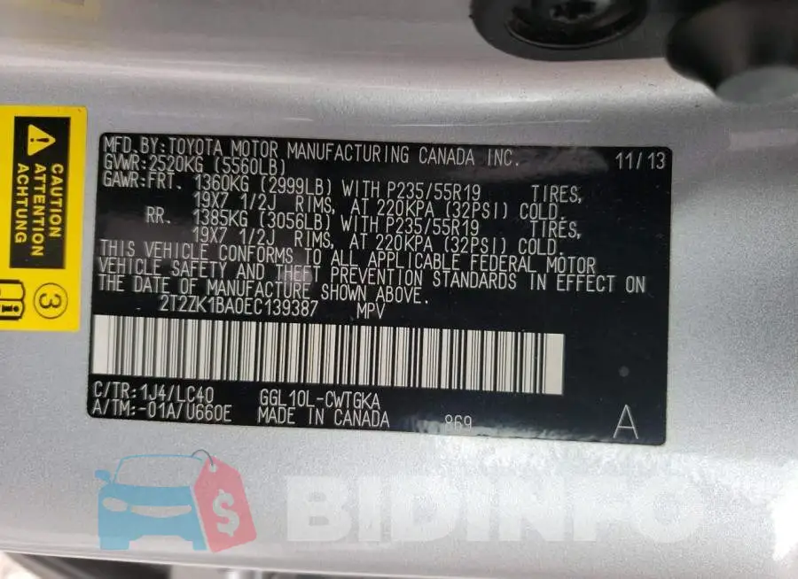 2T2ZK1BA0EC139387 Photo# 13