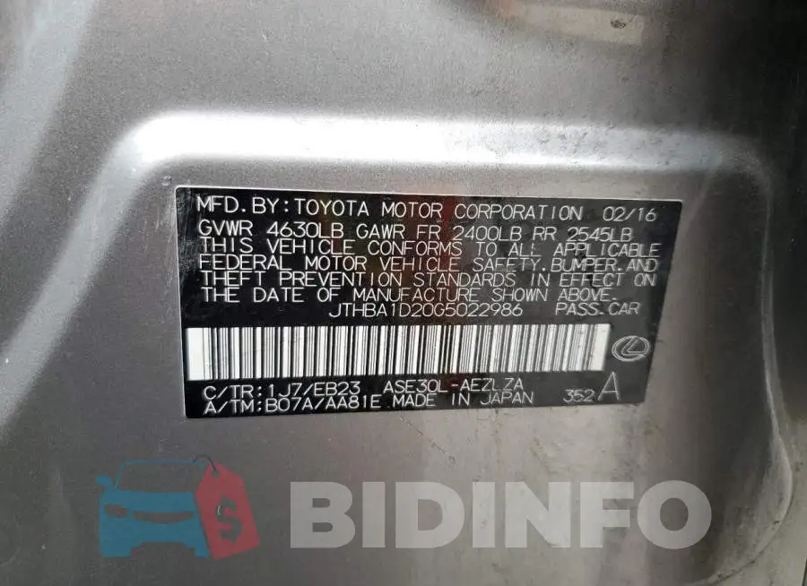 JTHBA1D20G5022986 Photo# 12