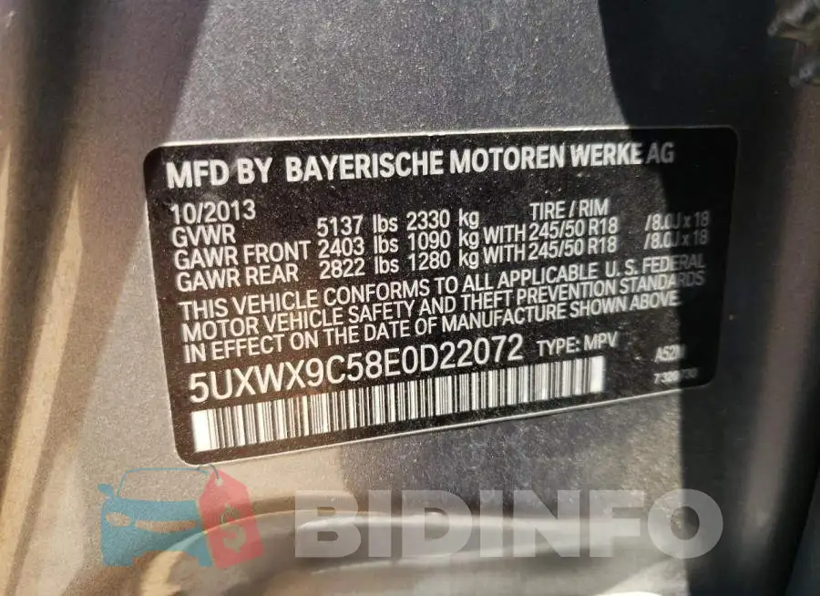 5UXWX9C58E0D22072 Photo# 12