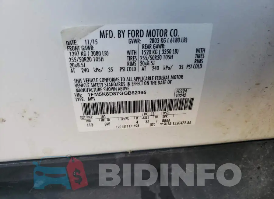 1FM5K8D87GGB62395 Photo# 13