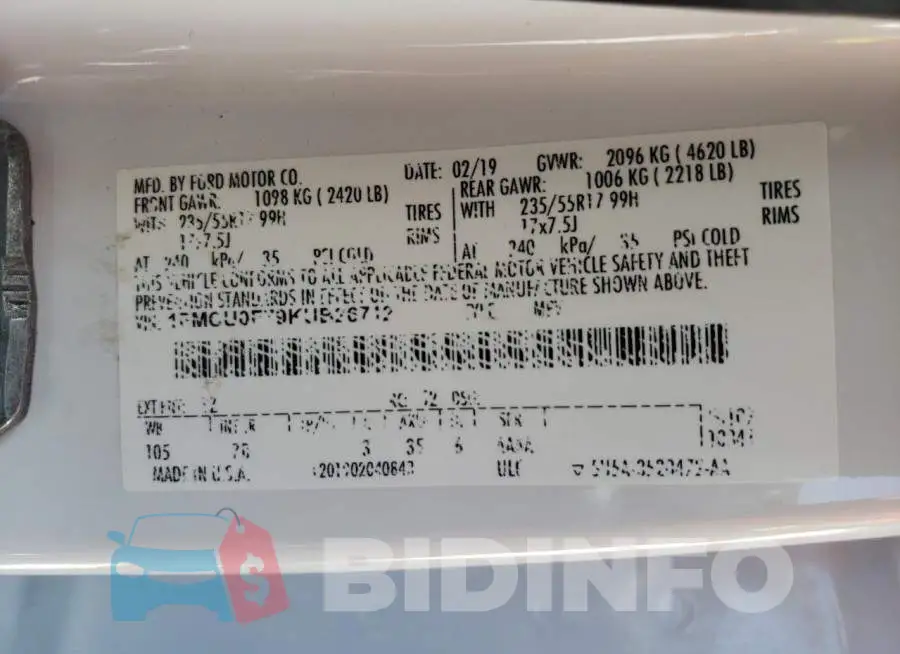1FMCU0F79KUB26712 Photo# 12