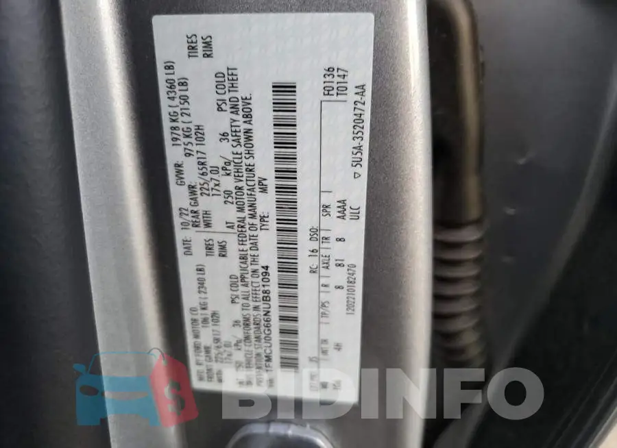 1FMCU0G66NUB81094 Photo# 13