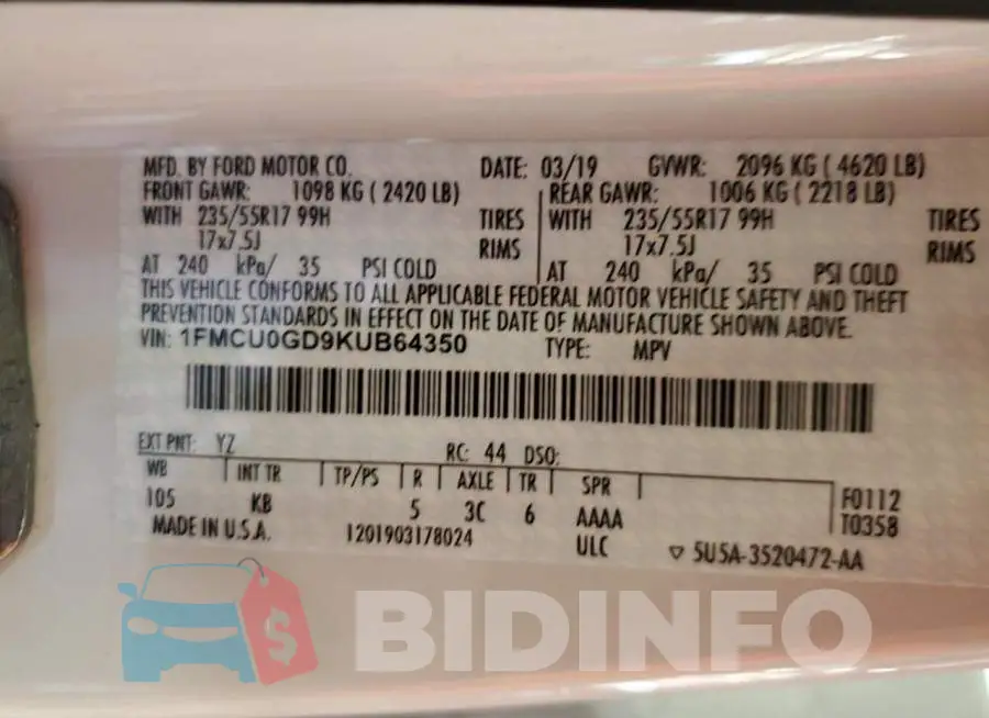 1FMCU0GD9KUB64350 Photo# 12