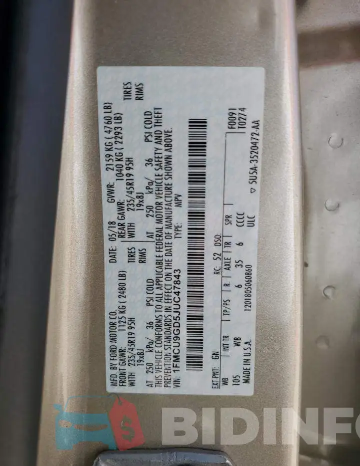 1FMCU9GD5JUC47843 Photo# 13