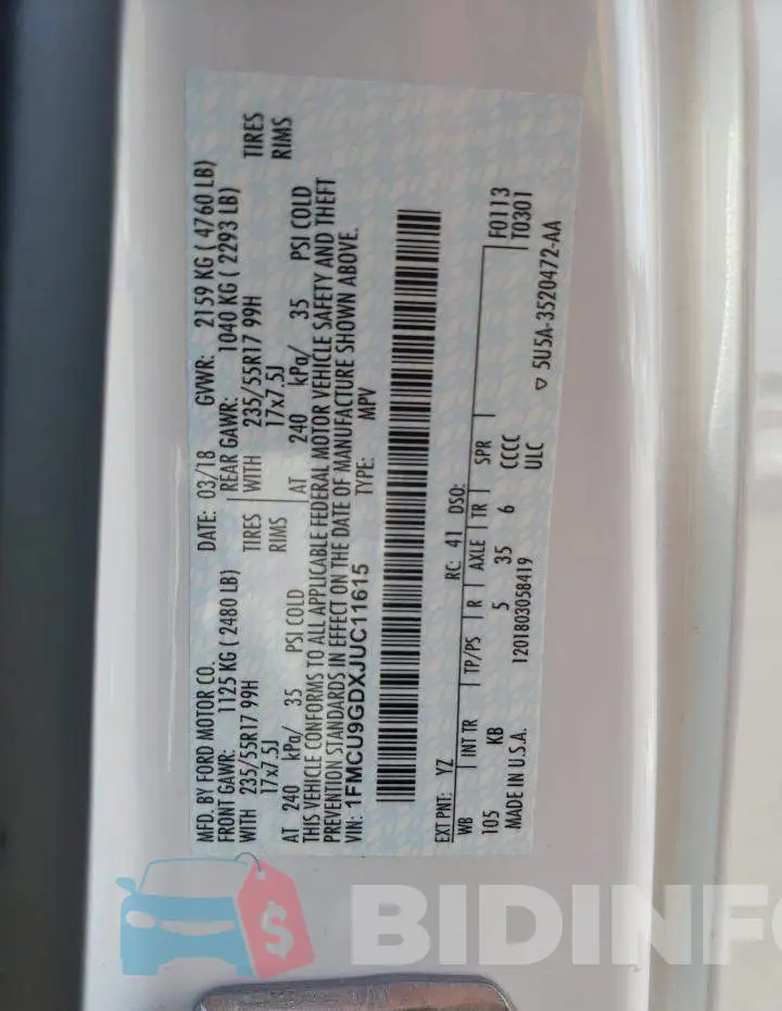 1FMCU9GDXJUC11615 Photo# 13