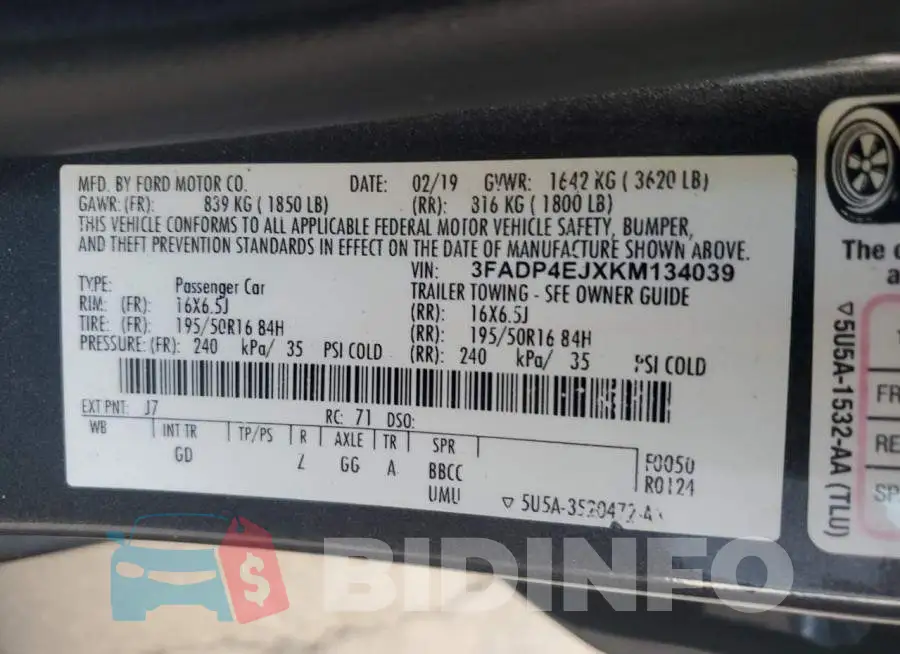 3FADP4EJXKM134039 Photo# 12