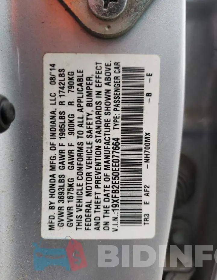 19XFB2E50EE077664 Photo# 12