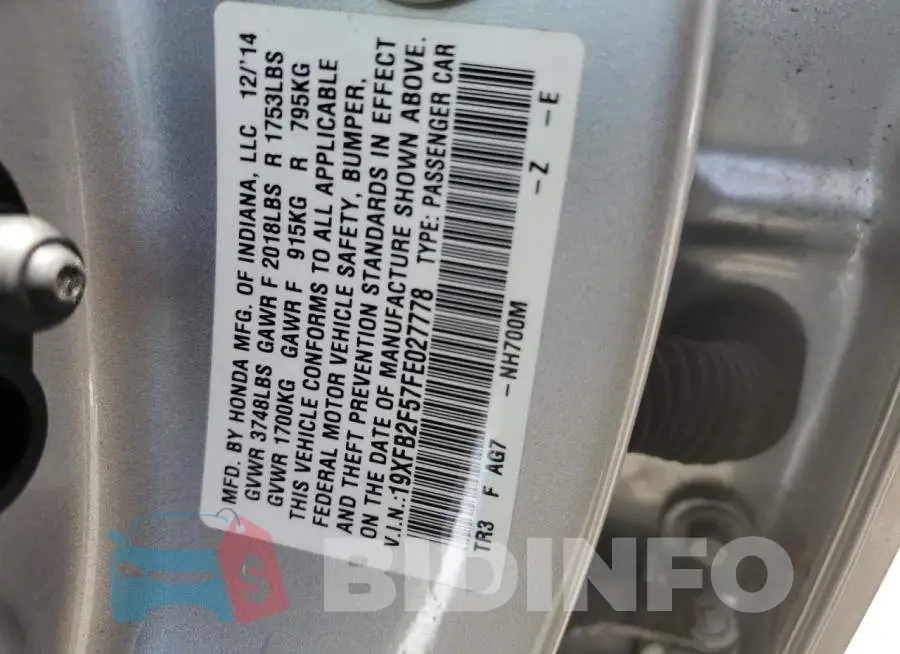 19XFB2F57FE027778 Photo# 13