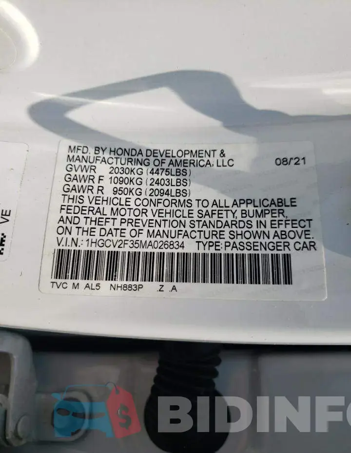 1HGCV2F35MA026834 Photo# 12