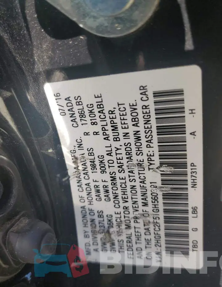 2HGFC2F51GH560391 Photo# 12