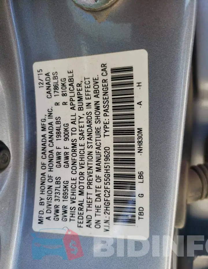 2HGFC2F55GH519620 Photo# 12