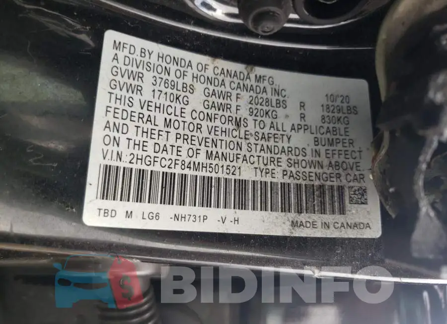2HGFC2F84MH501521 Photo# 13