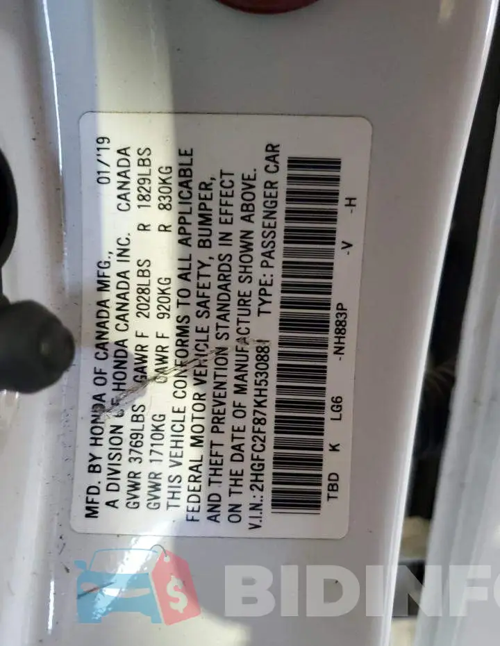 2HGFC2F87KH530881 Photo# 12