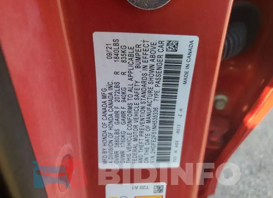 2HGFE2F51NH535336 Photo# 12
