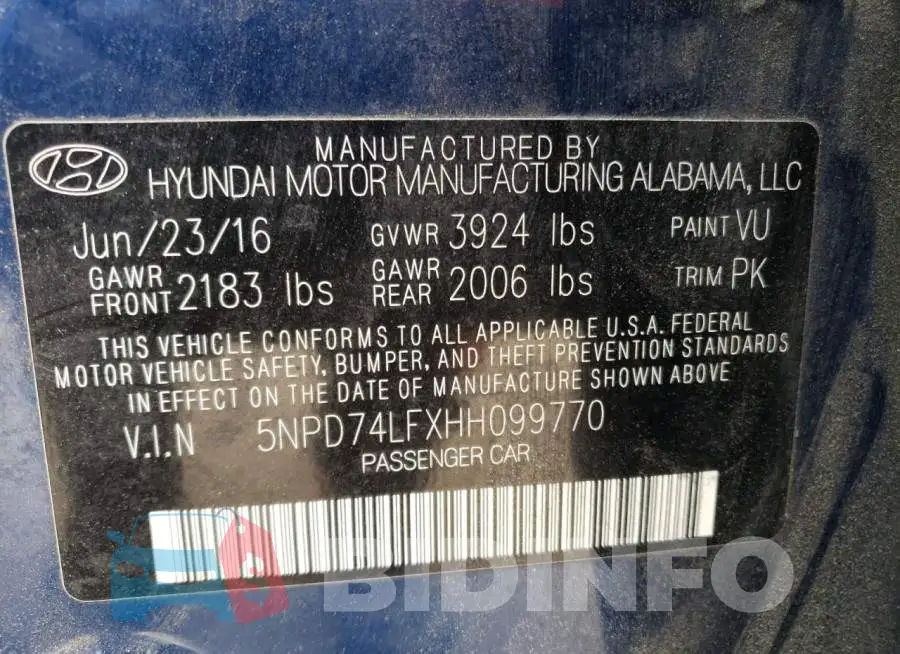 5NPD74LFXHH099770 Photo# 13